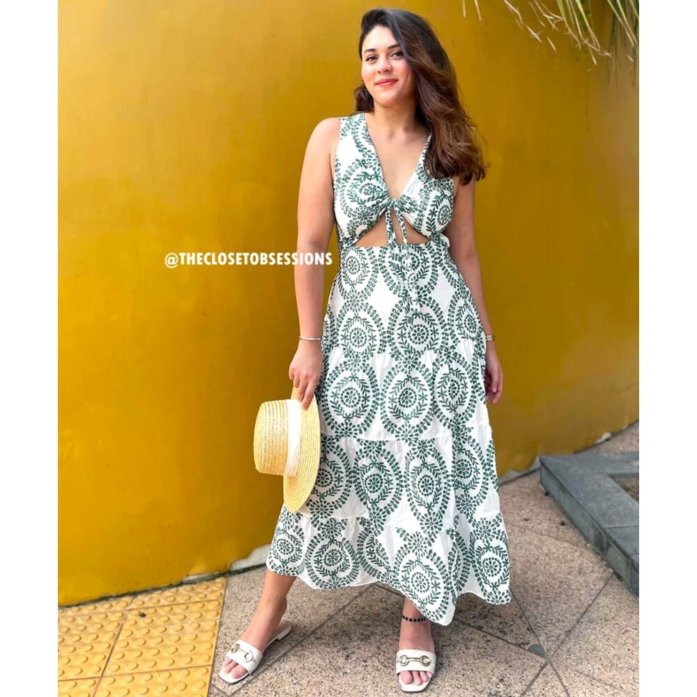 Zara NWT Green White Front Knot Cutout Midi Dress Resort Vacation M L - Picture 13 of 16